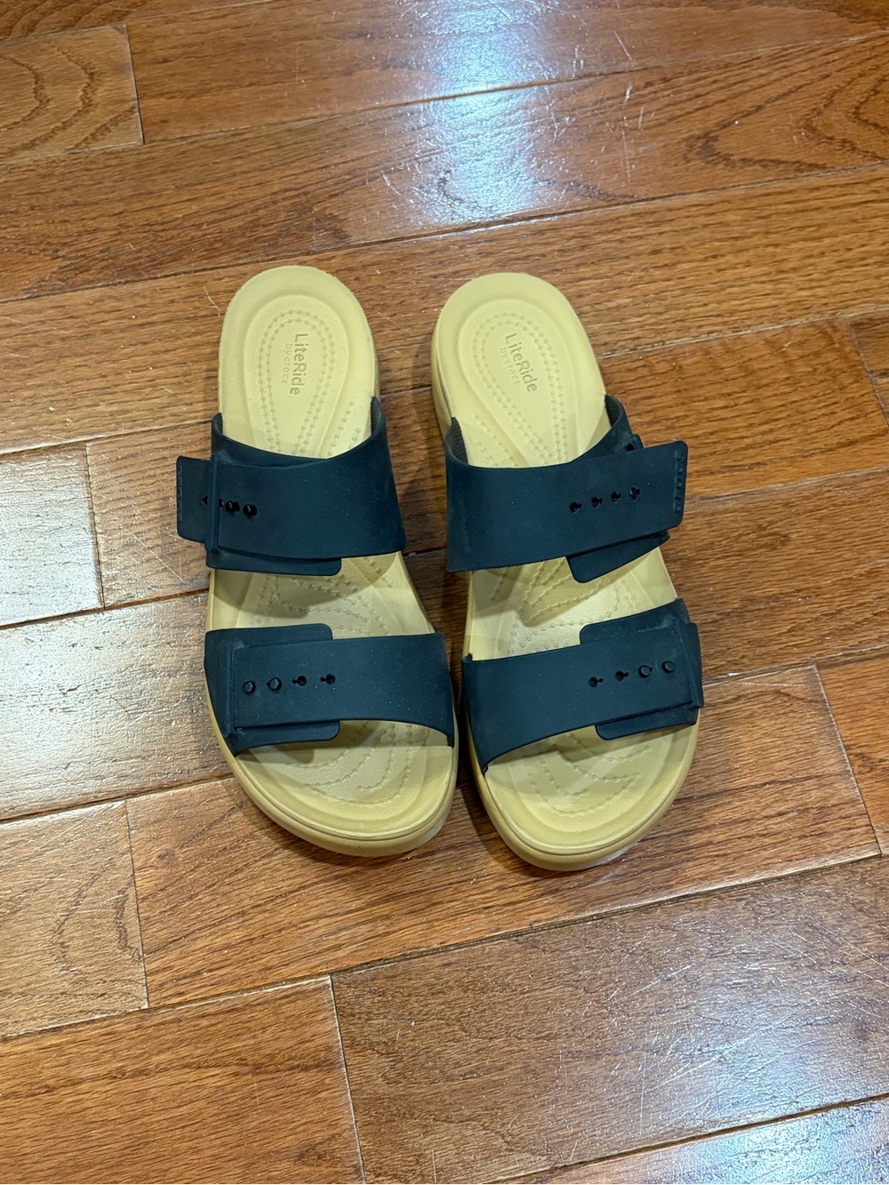 CROCS Black and Tan Dual-Strap Slide Sandals